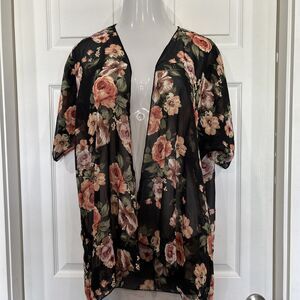 Try! This Women's S Kimono Blouse Black & Pink Floral Semi Sheer Cardigan